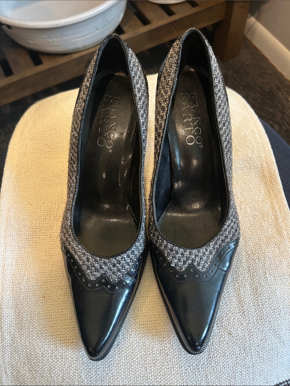 Franco Sarto Black Patent & Gray Tweed Pointed Pumps